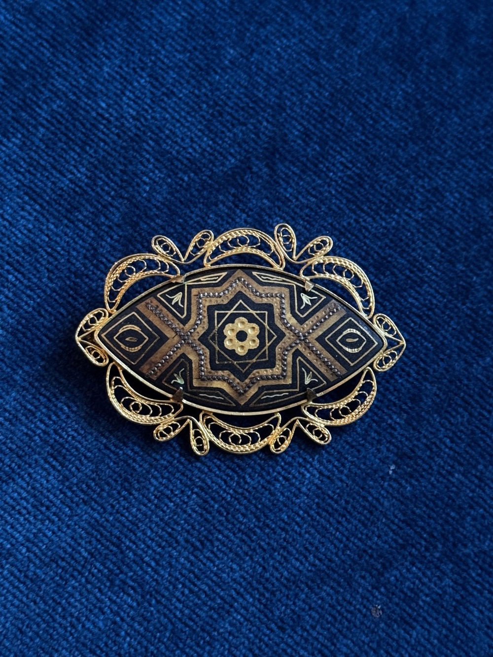 vintage gold-tone and black geometric damascene brooch